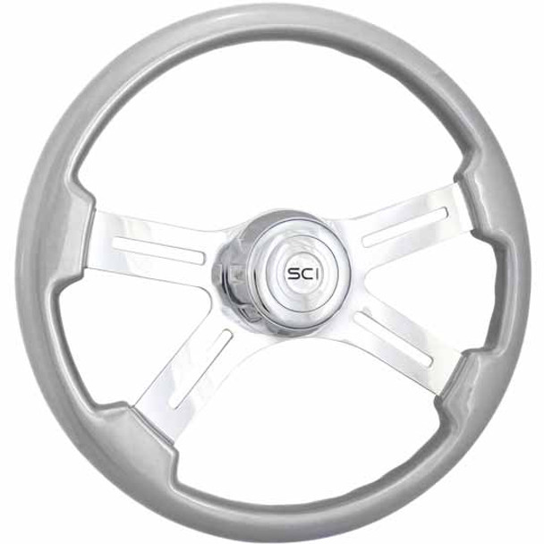 18 Inch 4 Polished Alum. Spoke Silver Painted Diesel Series Steering Wheel W/ SCI Chrome Horn Button