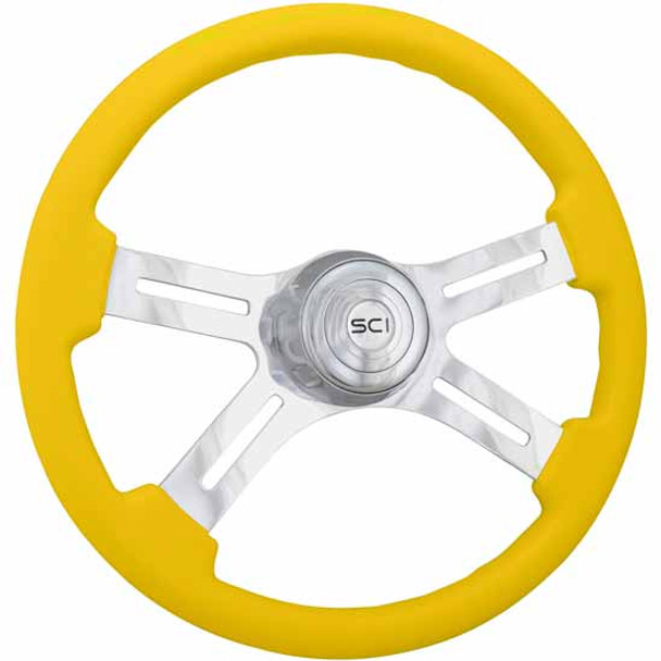 18 Inch 4 Polished Alum. Spoke Yellow Painted Diesel Series Steering Wheel W/ SCI Chrome Horn Button