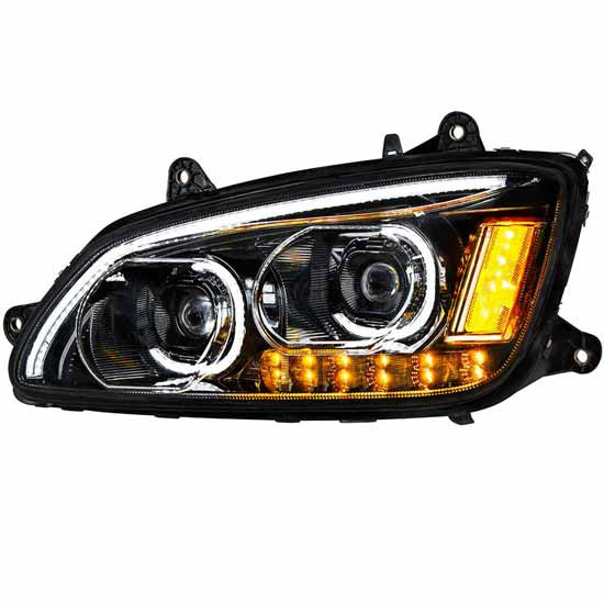 Blackout LED Headlight With LED Turn Signal, LED Position Light Bar For Kenworth T370, T440, T470, T660, T700