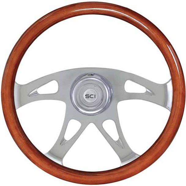 18 Inch Chrome 4 Spoke Wood Rim Ace Steering Wheel W/ Chrome Bezel & Horn Button