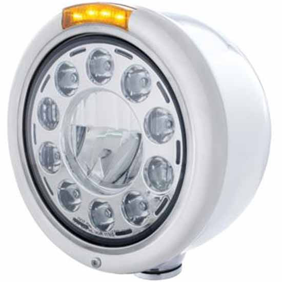Stainless Steel Classic Half Moon 11 High Power LED Headlight W/ 4 Diode Amber LED Turn Signal For Peterbilt, Freightliner, International & Mack