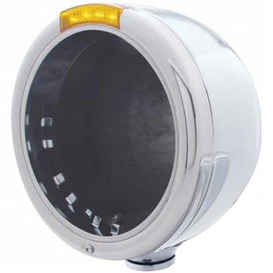 Stainless Steel Classic Half Moon Headlight Housing W/ 4 LED Turn Signal Light - No Bulb