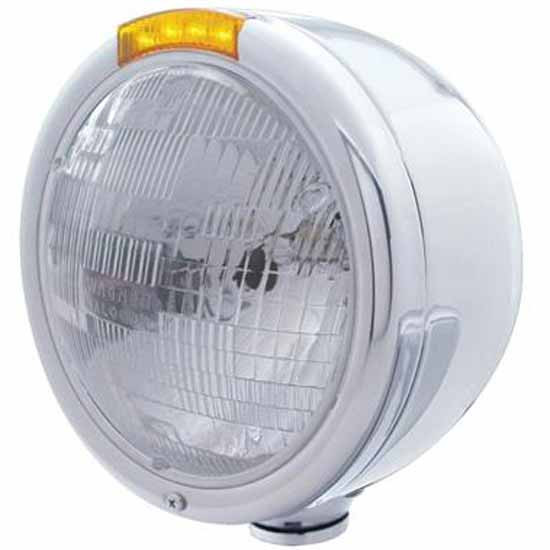 Stainless Steel Classic Half Moon Headlight W/ H6024 Halogen Bulb 4 LED Turn Signal Light