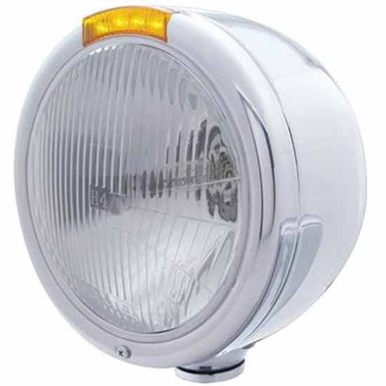 Stainless Steel Classic Half Moon Headlight W/ H4 Halogen Bulb 4 LED Turn Signal Light