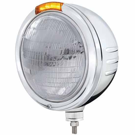 Stainless Steel Classic Embossed Stripe Headlight W/ H6014 Sealed Beam Bulb, 4 Diode Top Dual Function Signal Light