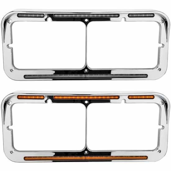 Dual Square Headlight Bezel With Flatline LED Lights Clear/Amber