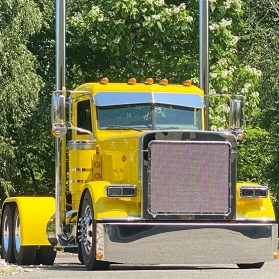9 1/2 To  6 1/2 Inch BadAzz Bowtie 14-Gauge Stainless Steel Mirror-Finish Visor With Two Distinct Style Options For Peterbilt 2 Piece Windshields