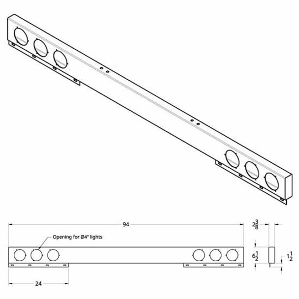 Chrome 94 Inch Rear Light Bar W/ Six 4 Inch Round Cutouts For Lights Chrome 94 Inch Rear Light Bar W/ Six 4 Inch Round Cutouts For Lights