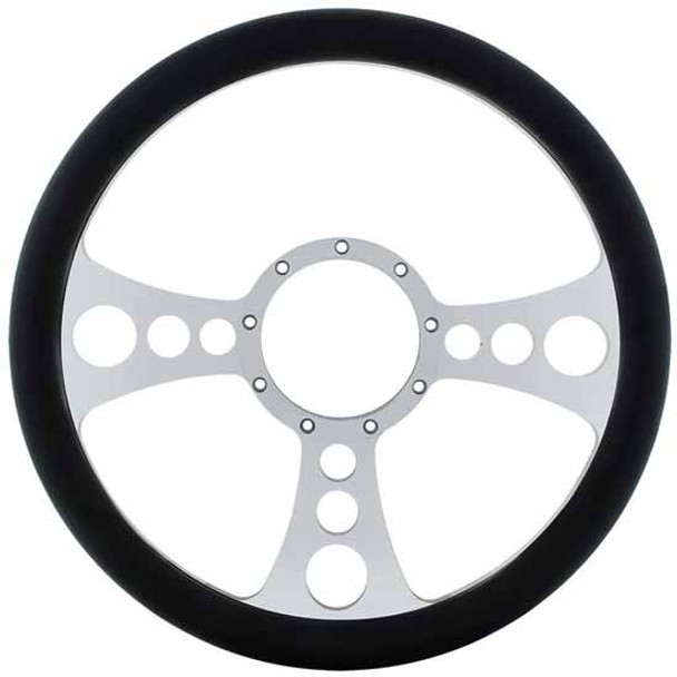Chrome Aluminum 14 Inch Chopper Style Steering Wheel W/ Black Engineered Leather Grip Chrome Aluminum 14 Inch Chopper Style Steering Wheel W/ Black Engineered Leather Grip