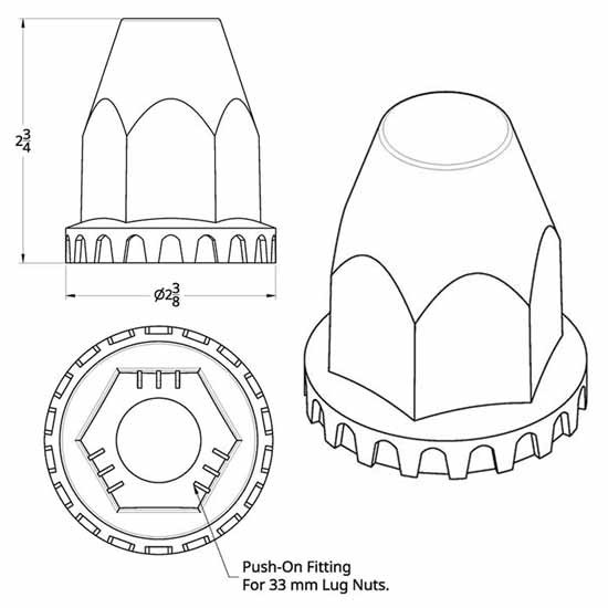 33MM x 2 3/4 Inch Chrome Plated Plastic Nut Cover W/ Flange, Push On For Volvo FE/FH/FM/FMX