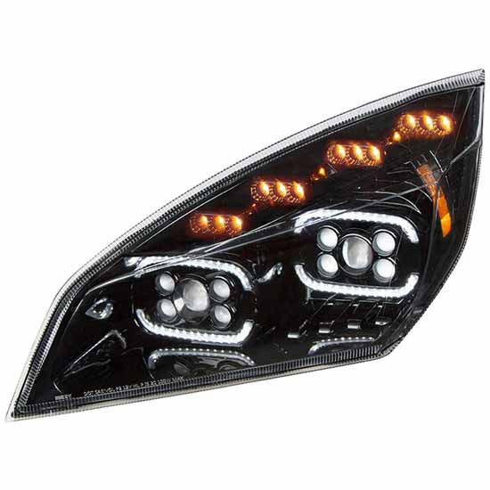 Black 10 LED Projector Headlight W/ LED Sequential Turn & Daytime Running Lamp For Freightliner Cascadia