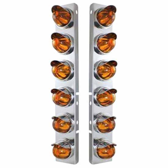430 Stainless Steel Front Air Cleaner Brackets W/ Six Incandescent Watermelon Lights, Glass Lens Color & Bezel Options For Peterbilt 378, 379