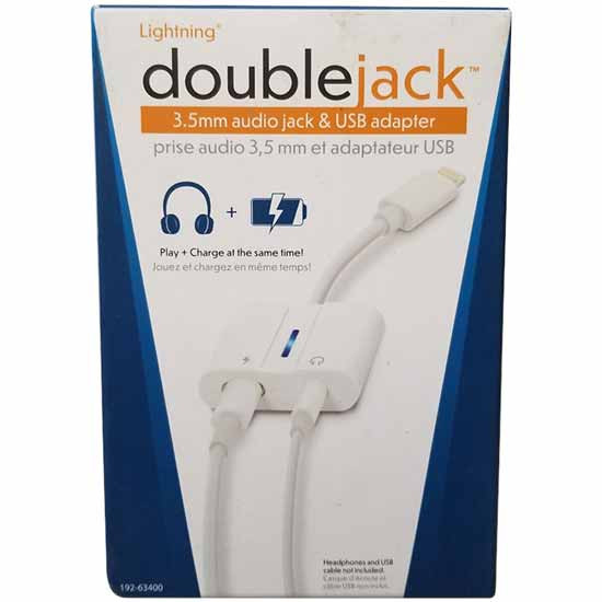 White 3.5 MM Headphone Adapter W/ USB Charging Port & MFI 8 Pin Connector