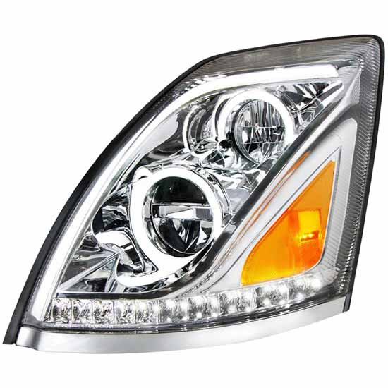 LED Headlight Assembly W/ Dual Color DRL & Position Light Bar - Amber/ White LED For Volvo VNL Gen II