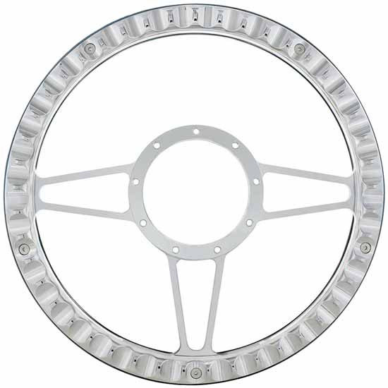 14 Inch Chrome Aluminum 3 Spoke Steering Wheel, 9 Screw Mount W/ Black Leather Grip