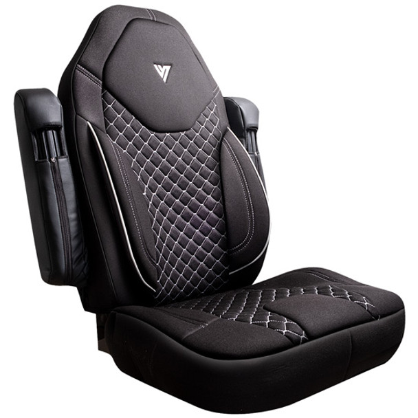 High Back Black Cloth Seat Cover, 33 Inch W/ Back Pocket Sleeve And Gray Stitching For Freightliner Cascadia High Back Black Cloth Seat Cover, 33 Inch W/ Back Pocket Sleeve And Gray Stitching For Freightliner Cascadia