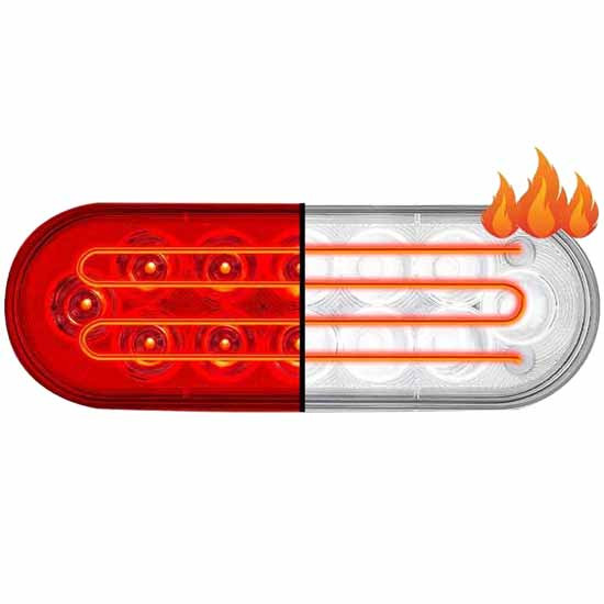 6 Inch Oval 12 LED Stop/Turn/Tail Light W/ Back Up Function & Heated Lens - Red To White LED/ Clear Lens