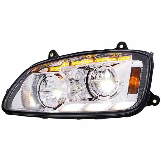 CREE LED Headlight W/ Sequential Turn Signal & Tri Bar Position Light For Kenworth T370, T440, T470, T660, T700