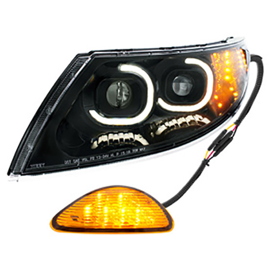 Black Full LED Projector Headlight W/ 6 LED Rear Facing Turn Signal For International DuraStar