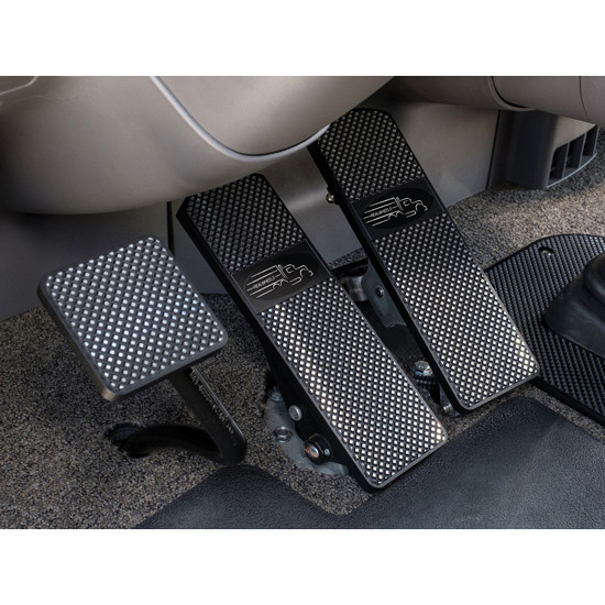 RealWheels Black Anodized Aluminum Billet Pedal Set W/ Peterbilt Logo & Pyramid Cut Design For Peterbilt 367, 379, 386, 388, 389, 389 Glider