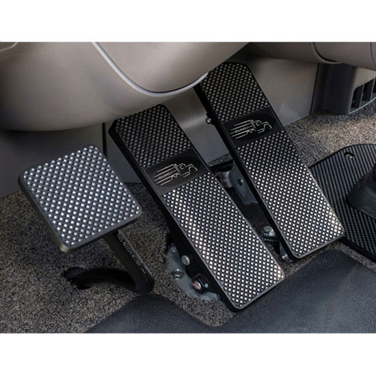 RealWheels Black Anodized Aluminum Billet Pedal Set W/ Peterbilt Logo & Pyramid Cut Design For Peterbilt 300 Series