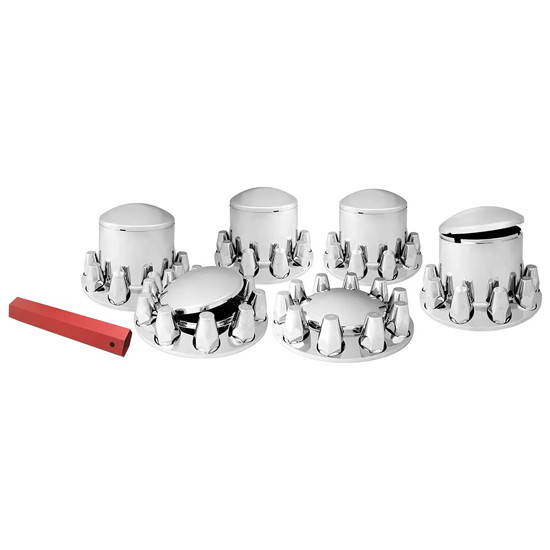 Chrome Plastic Complete Axle Cover Set W/ Round Top Hub Caps & Push On Nut Covers For 10 Hole Wheels