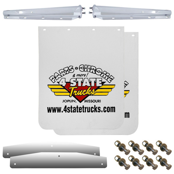 24 x 30 Inch White Logo Mud Flap Kit W/ White Hangers, Weights, 2 Inch Bolt Pattern By 4 State Trucks