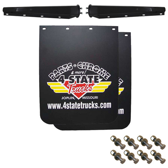 4 State Trucks 24 x 30 Inch Black Logo Mud Flap Kit W/ Black Hangers, 2-1/2 Inch Bolt Pattern