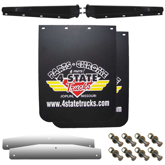 24 x 30 Inch Black Logo Mud Flap Kit W/ Black Hangers, Weights, 2 Inch Bolt Pattern By 4 State Trucks