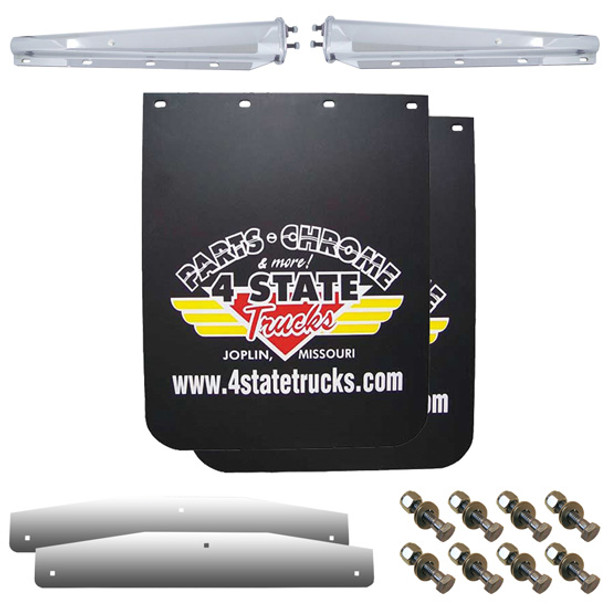 24 x 30 Inch Black Logo Mud Flap Kit W/ Chrome Hangers, Weights, 2-1/2 Inch Bolt Pattern By 4 State Trucks