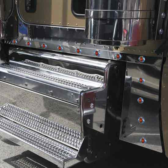 Stainless Steel Sleeper Panels W/ Twelve M3 LED Lights - Amber LED/ Amber Lens For Peterbilt 388 & 389 With 70 Inch Sleepers