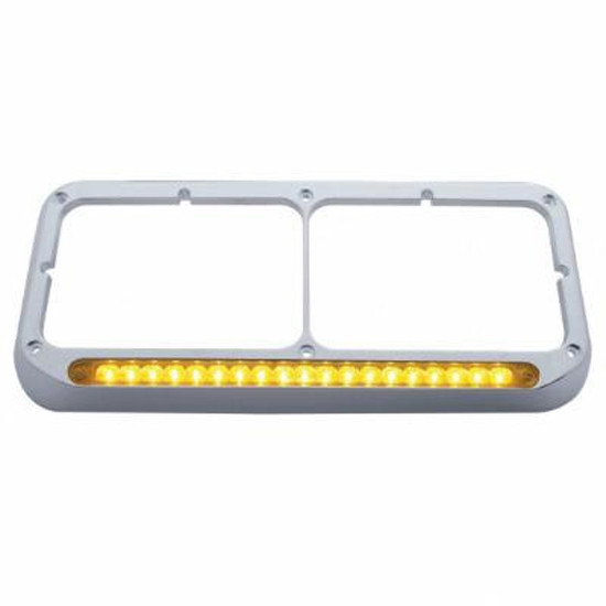 Chrome Rectangular Dual Headlight Bezel With Visor & 12 Inch LED Light Bar- Amber LED / Amber Lens