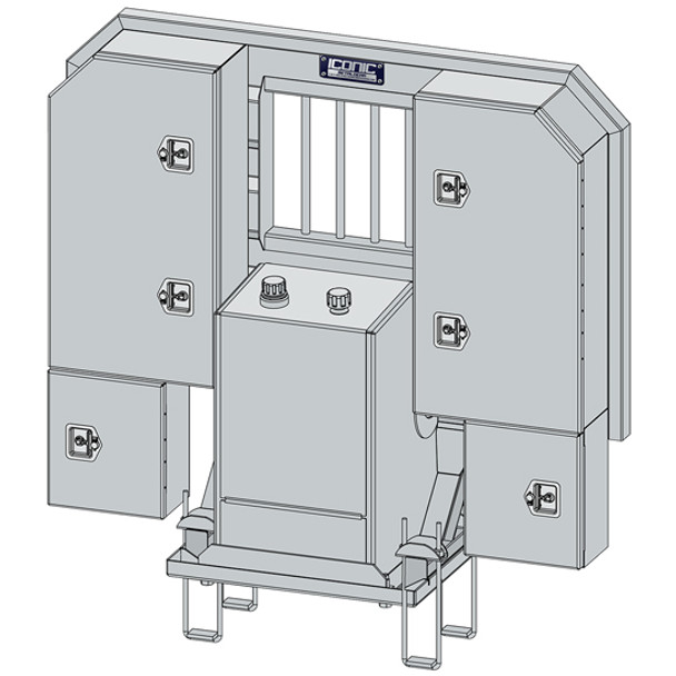 Cab Rack Aluminum 76 X 68 Inch With 70 Gallon Hydraulic Tank,    Cabinet SS Doors, Jail Bar Window & Lower Boxes