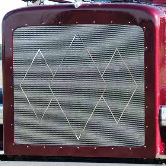Stainless Steel Triple Diamond Punched Grille Insert W/ 1/4 Inch Round Cutouts For Peterbilt 379
