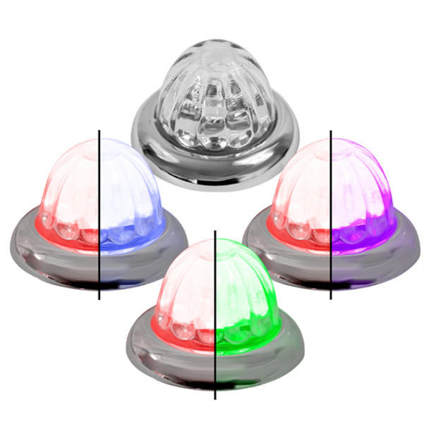 Legendary 1-1/2 Glass Watermelon Red Light W/ Aux Color 4 Wire Dual Tone Curved Chrome Bezel, Stud Mount LED Lights