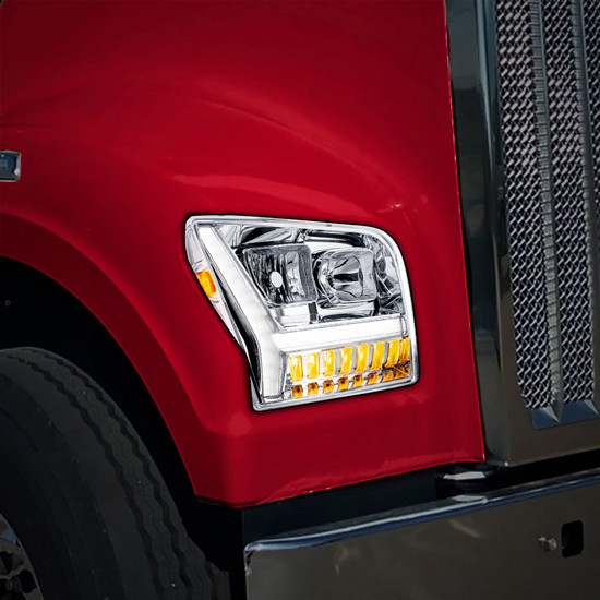 Headlight With LED Daytime Running Light Bar And Turn Signal, Passenger Side For Kenworth W990