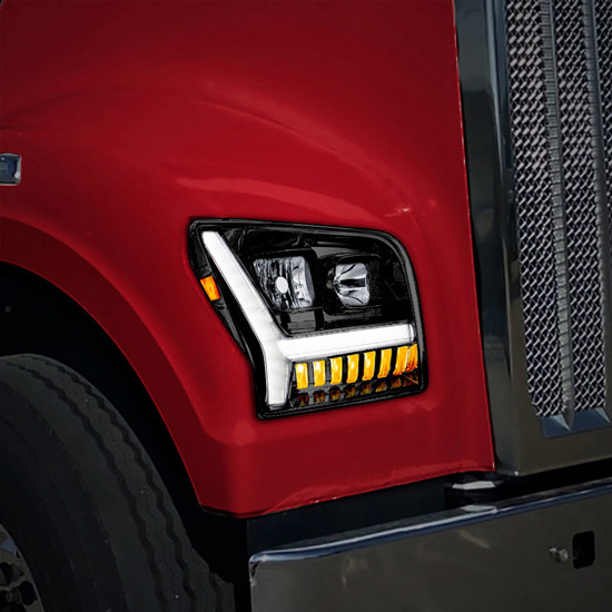 Black Headlight With LED Daytime Running Light Bar And Turn Signal, Passenger Side For Kenworth W990