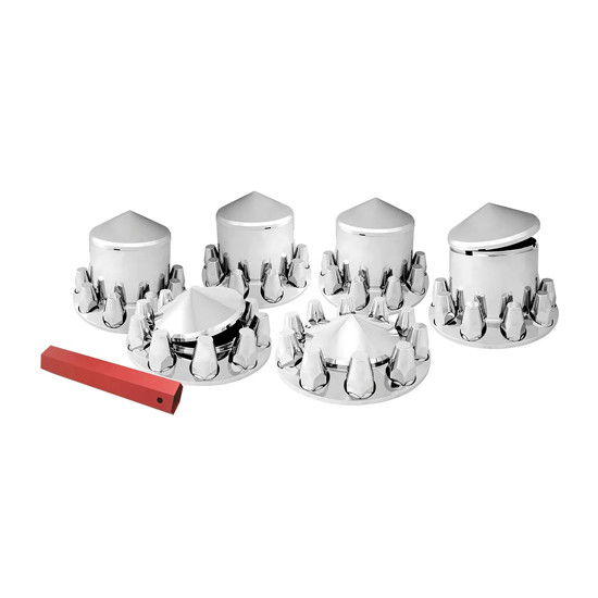 Chrome Plastic Cone Axle Cover Kit - 2 Front, 4 Rear & Push-On Nut Covers