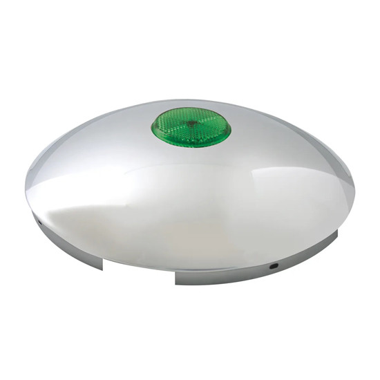 Chrome Front Hubcap W/ Green Reflector, 7/16 Inch Lip, 5 Notches