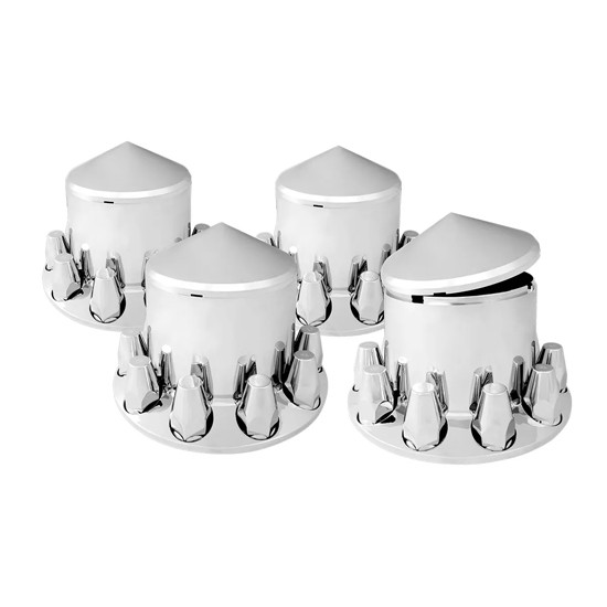 Chrome Plastic Cone Axle Cover Kit 4 Rears & 1-1/2 X 3 Inch Push-On Covers