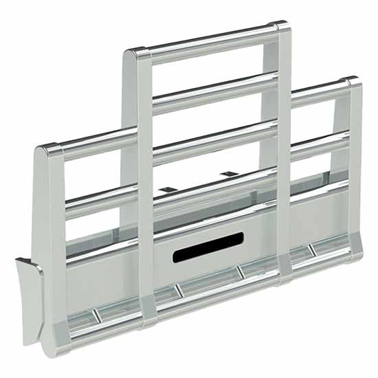 Herd Super Road Train Grille Guard Horizontal Posts W/ Slam Latch, Surface Mount Clear Lights, Rake With Balusters, Radar Cutout And Bracket, Mirror Polish For Peterbilt 378 & 379
