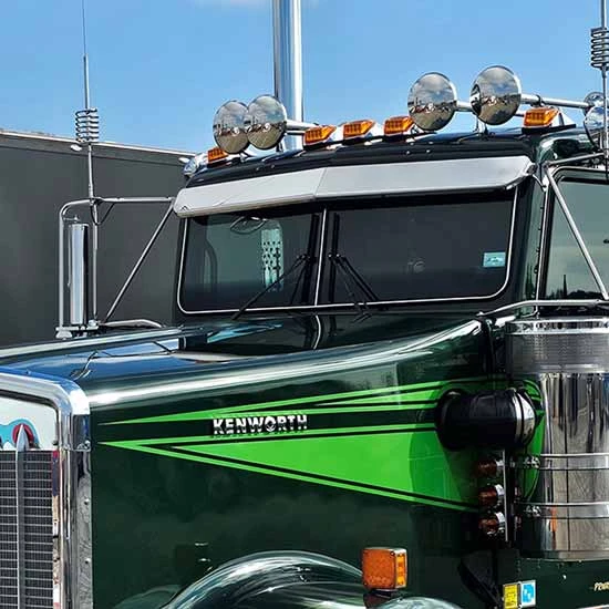 12 Gauge Customs 5 Inch 45 Degree Angle Stainless Steel 2 Piece Drop Visor For Kenworth With 2 Piece Flat Glass