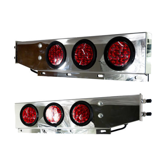 Turnpike Truck Trim SS Spring Loaded Mud Flap Hanger Light Bars, 2.5 Inch Bolt Spacing With Grommets & 4 Inch Rnd Lights - Red LED / Red Lens