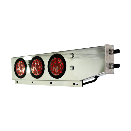 Turnpike Truck Trim SS Spring Loaded Mud Flap Hanger Light Bars, 2.5 Inch Bolt Spacing With Grommets & 4 Inch Rnd Lights - Red LED / Red Lens