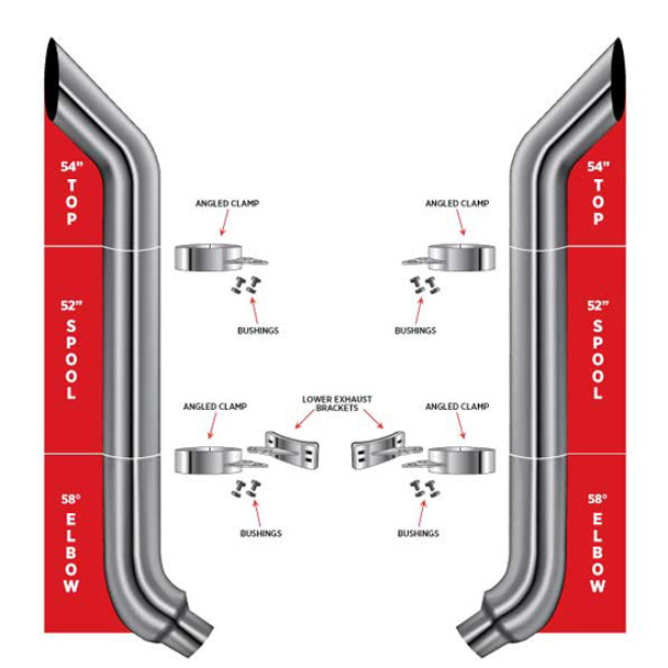 54 Inch Chrome Bullhorn Stack Exhaust Kit With 52 Inch Middle Spools & 7 to 5 Inch 58 Degree Elbow For Peterbilt 357, 378, 359, 379, 389