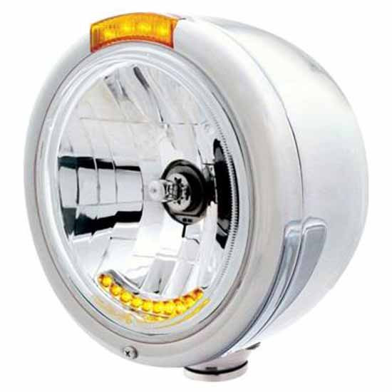 304 Stainless Steel 7 Inch Bullet Half Moon Crystal Headlight W/ Dual Function LED Turn Signal Light - Amber LED / Amber Lens For Peterbilt