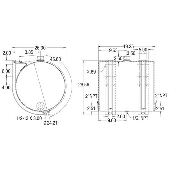 35 Gallon Aluminum Side Mount Cylindrical Reservoir- 24 X 19 Inch