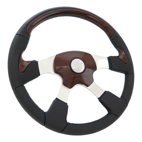 18 Inch Matte Mahogany Wood Steering Wheel With Leather Spats W/ Aluminum 4- Spoke, Mahogany Pad and Silver Horn Button