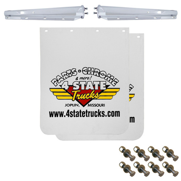 4 State Trucks White Logo Mud Flap Kit W/ SS Hangers, 2 1/2 Inch Bolt Pattern