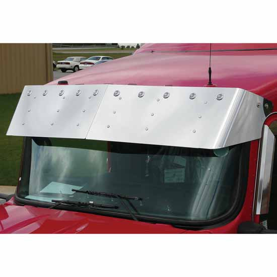 Turnpike Truck Trim Kenworth 13 Inch Stainless Steel Drop Visor W/ 10 Bullseye Lights For Models W/ Curved Glass & SS Mirror Brackets